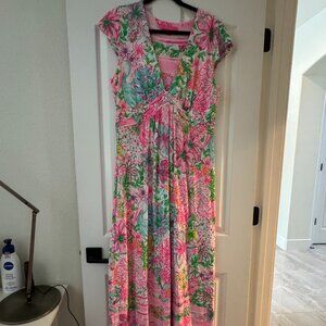 Lilly Pulitzer Tropical Floral Maxi Dress XL Pink Green Stretchy Resortwear